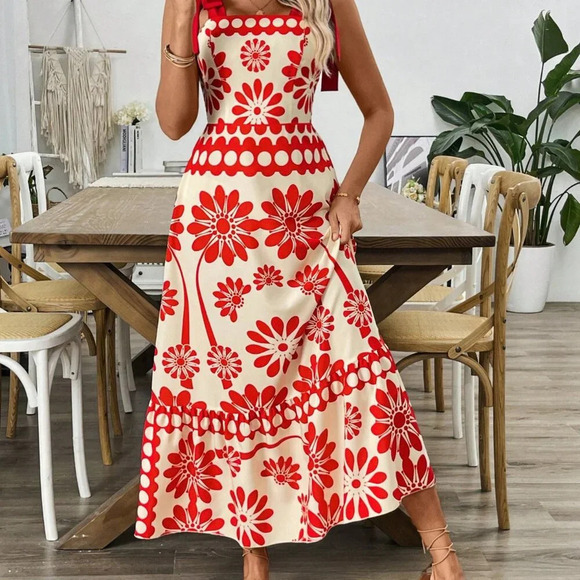 White Casual Women's Floral Print Shoulder Strap Cinched Waist Long Maxi Dress - Picture 4 of 6